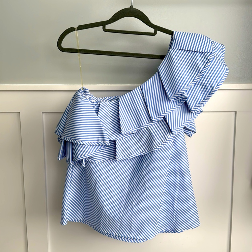 One shoulder blue and white striped top